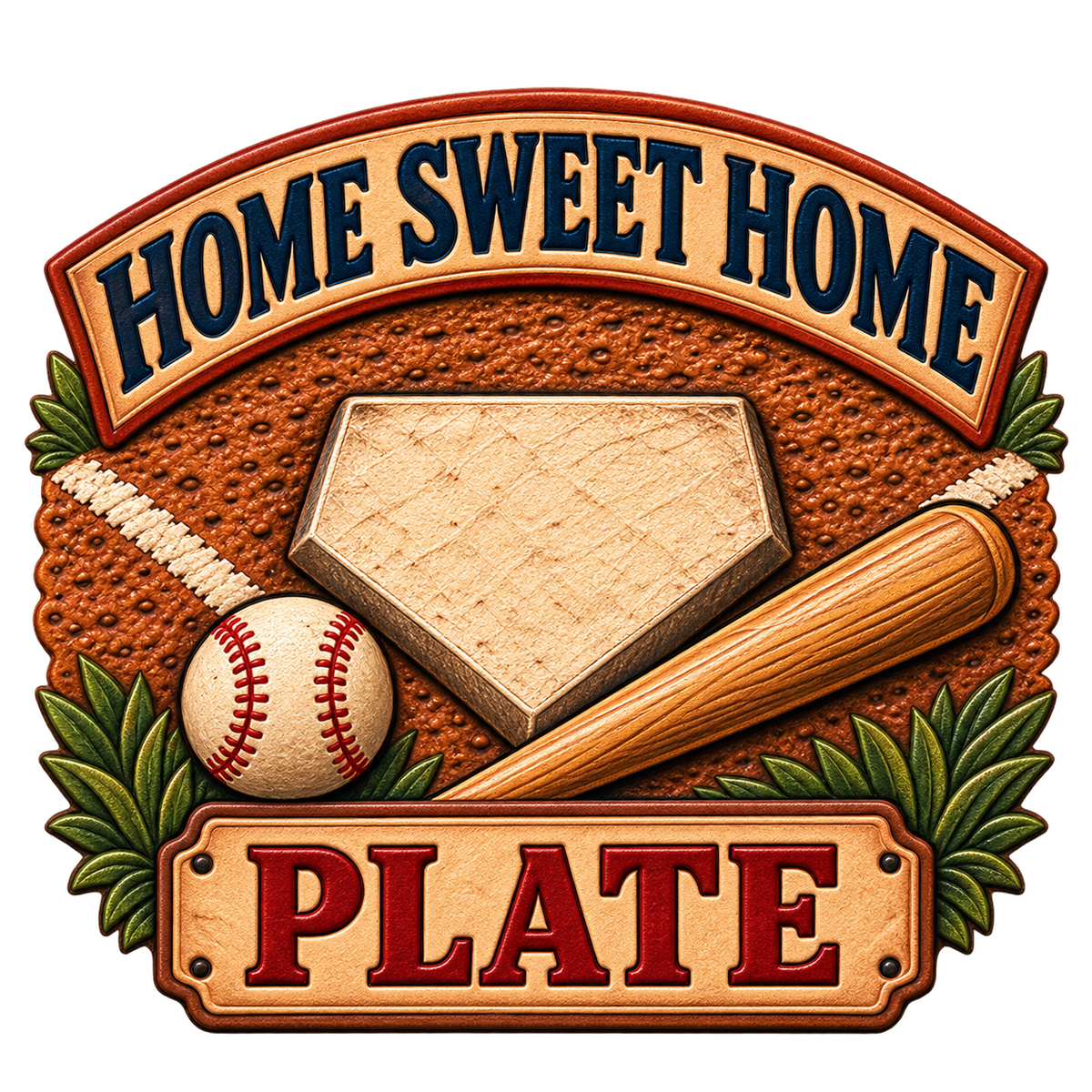 Home Sweet Home Plate baseball sticker with tooled-leather-look artwork, a bat, ball, and home plate