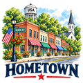 Hometown sticker showing a colorful Main Street, USA water tower, church steeple, and American flag