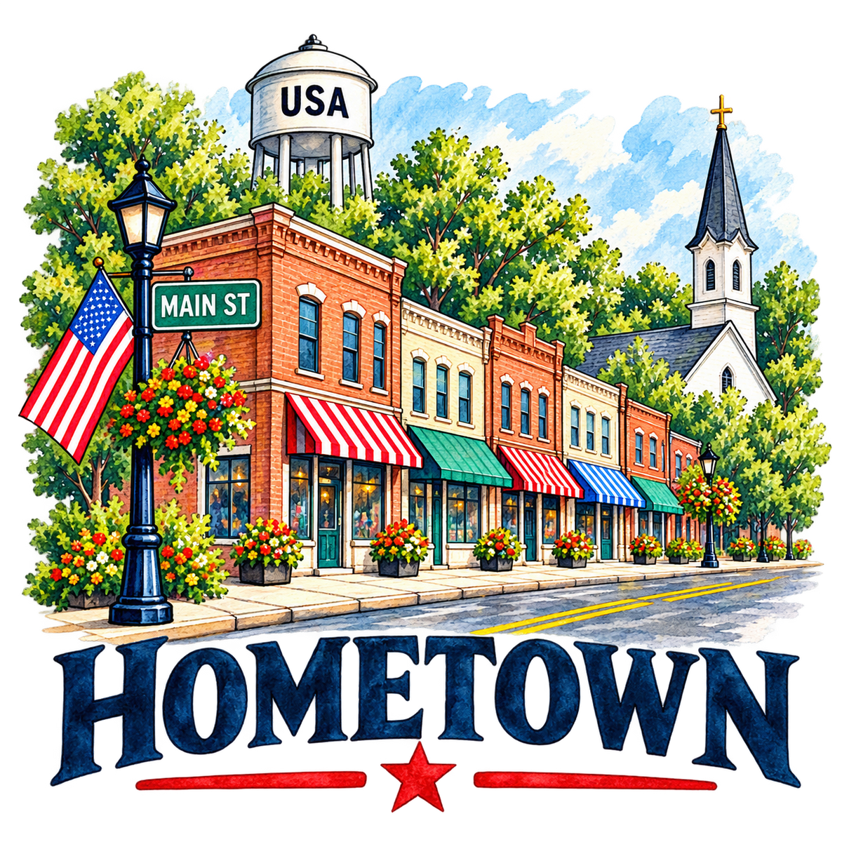Hometown sticker showing a colorful Main Street, USA water tower, church steeple, and American flag