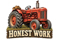 Honest Work sticker with a vintage red farm tractor and a brown hat