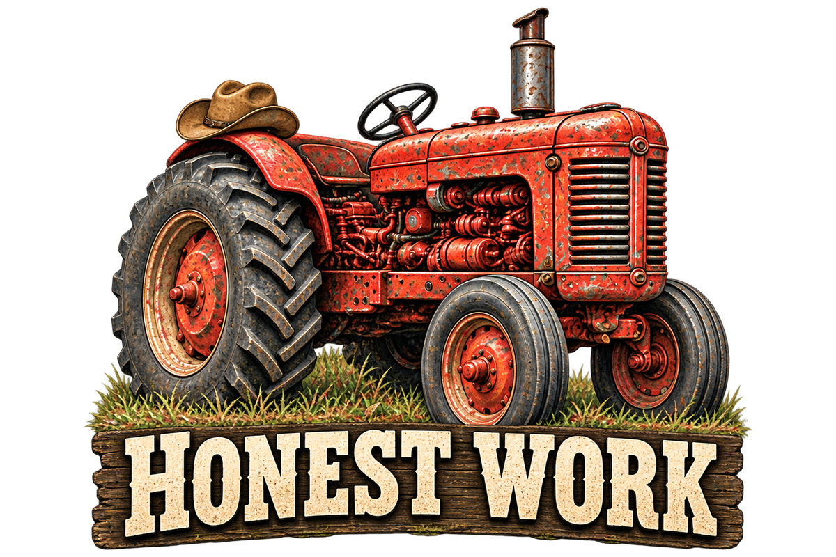 Honest Work sticker with a vintage red farm tractor and a brown hat