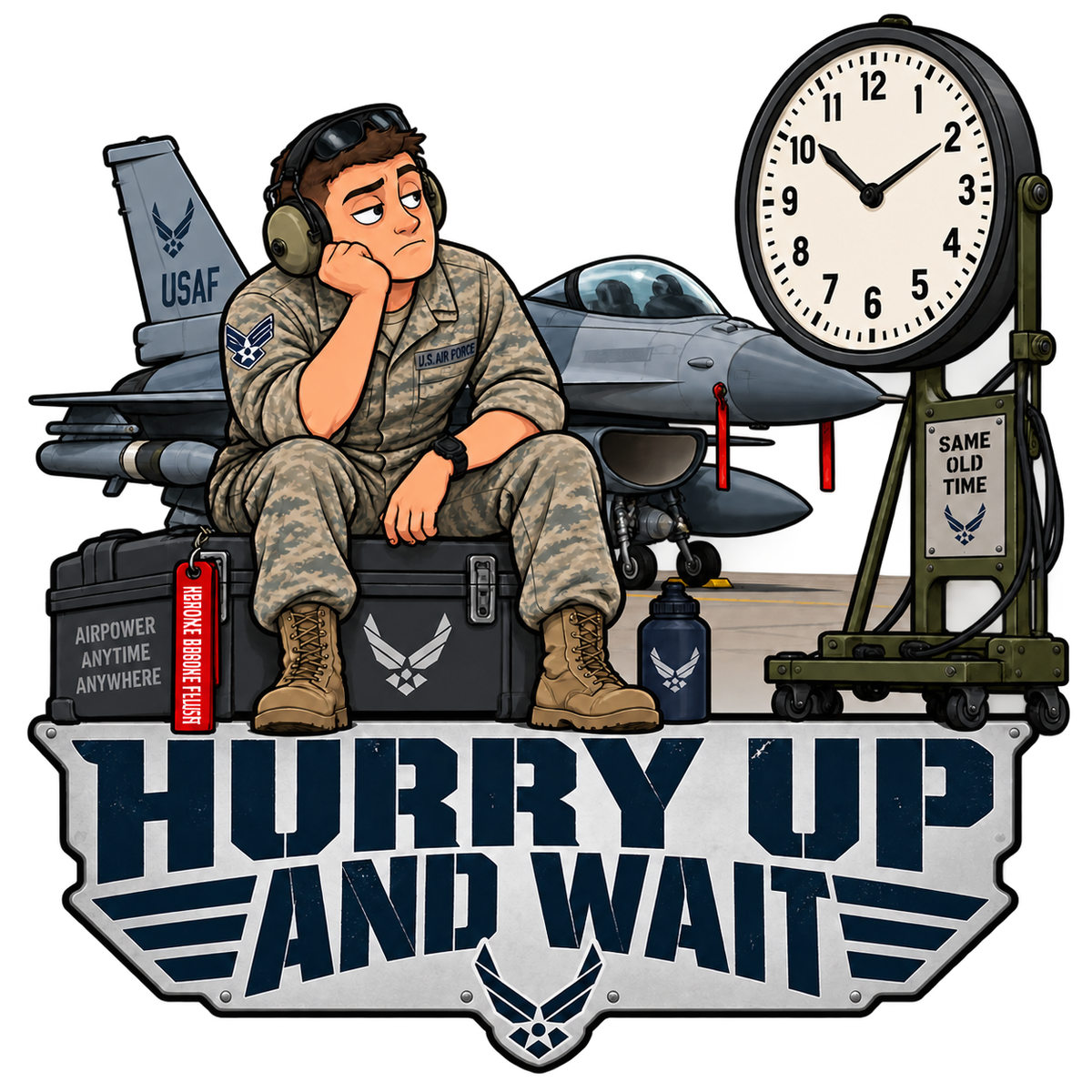 Hurry Up and Wait Air Force flightline humor sticker