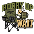 Hurry Up and Wait veteran sticker with a folding chair, coffee mug and dog tag