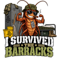 I Survived the Barracks sticker with a smiling cockroach, mop bucket and locker