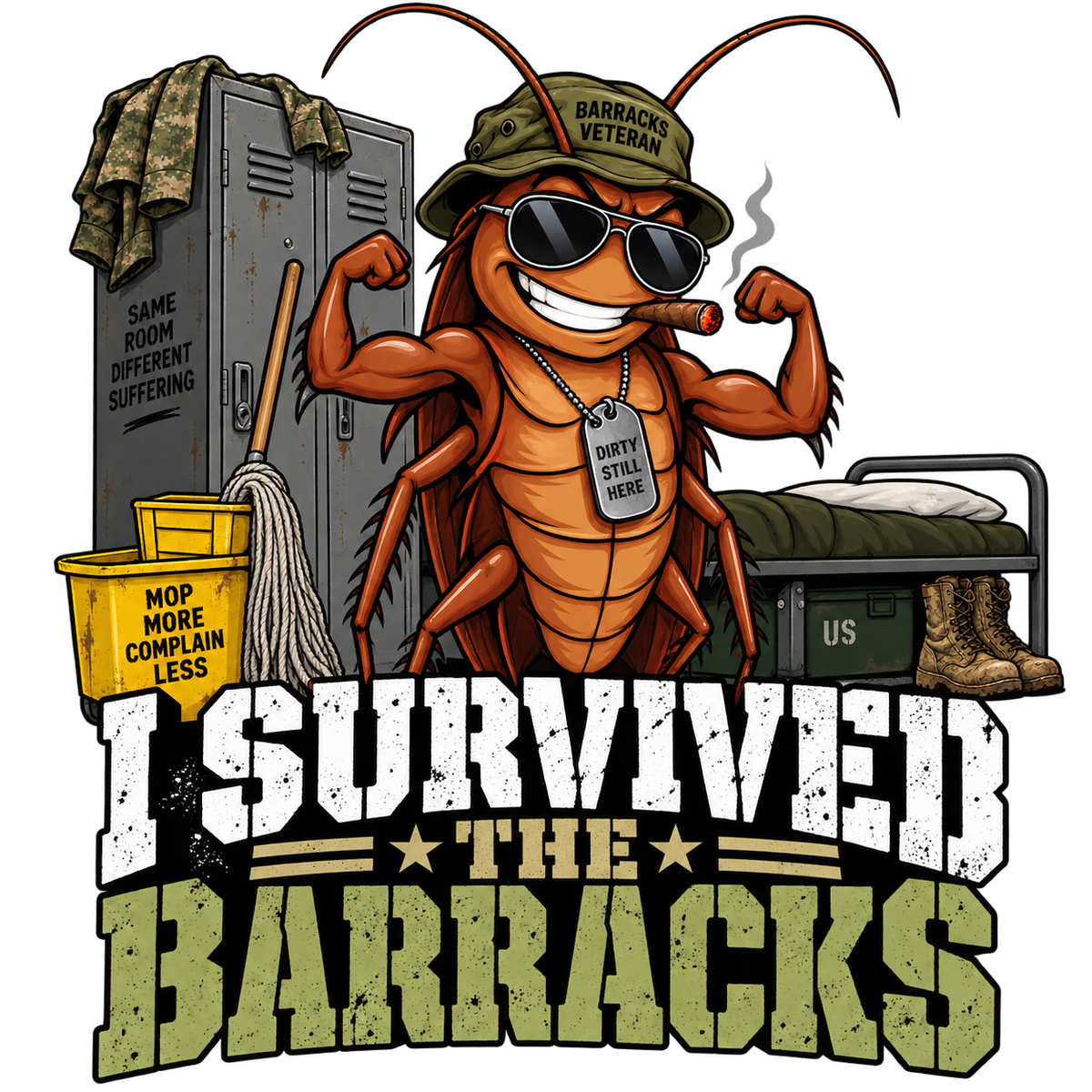 I Survived the Barracks sticker with a smiling cockroach, mop bucket and locker