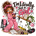 A frazzled girl in pink heart pajamas holds a pink drill beside a crooked shelf and scattered tools under I’m Literally Just a Girl.