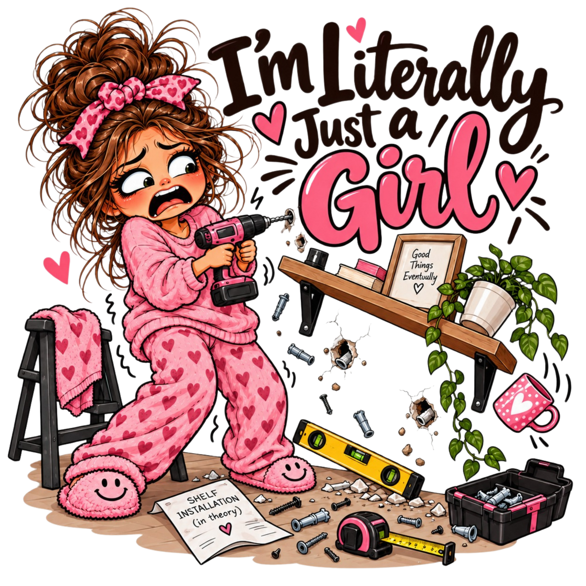 A frazzled girl in pink heart pajamas holds a pink drill beside a crooked shelf and scattered tools under I’m Literally Just a Girl.