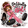 A panicked girl in pink heart pajamas holds a lug wrench beside a jacked-up car and a rolling tire under I’m Literally Just a Girl.
