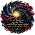 Swirling navy, gold and magenta galaxy with the opening verse of John’s Gospel, In the beginning was the Word, John 1:1.
