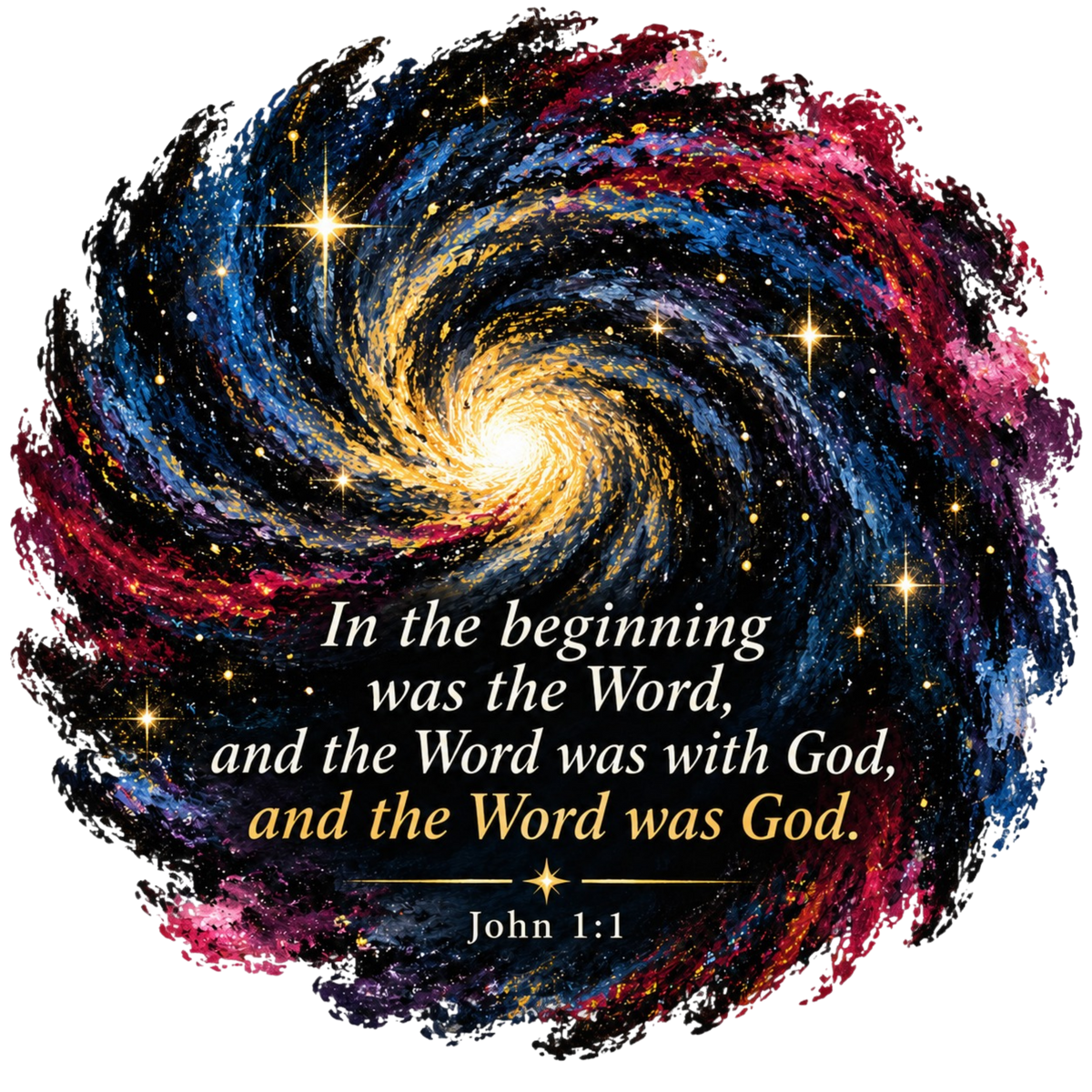 Swirling navy, gold and magenta galaxy with the opening verse of John’s Gospel, In the beginning was the Word, John 1:1.