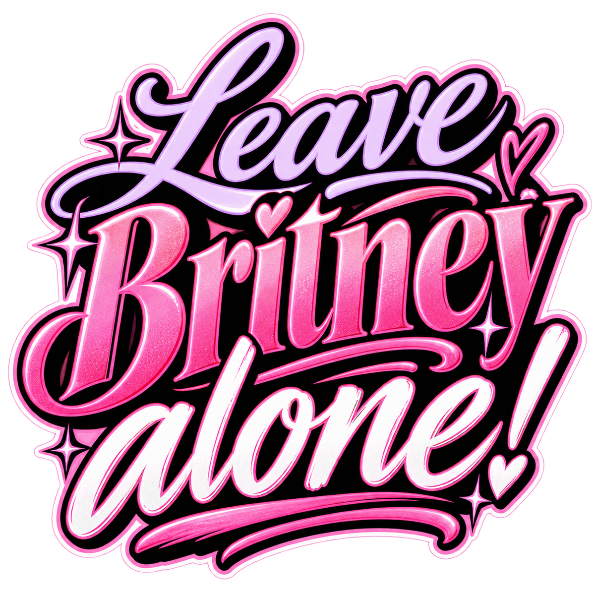 Leave Britney Alone! in pink and white dramatic script with stars and a small heart.