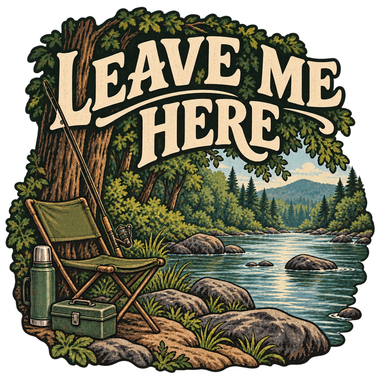 Leave Me Here riverside sticker with camp stool, fishing rod and forest stream