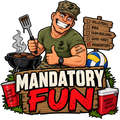 Mandatory Fun USMC military humor sticker with Marine at forced morale event barbecue