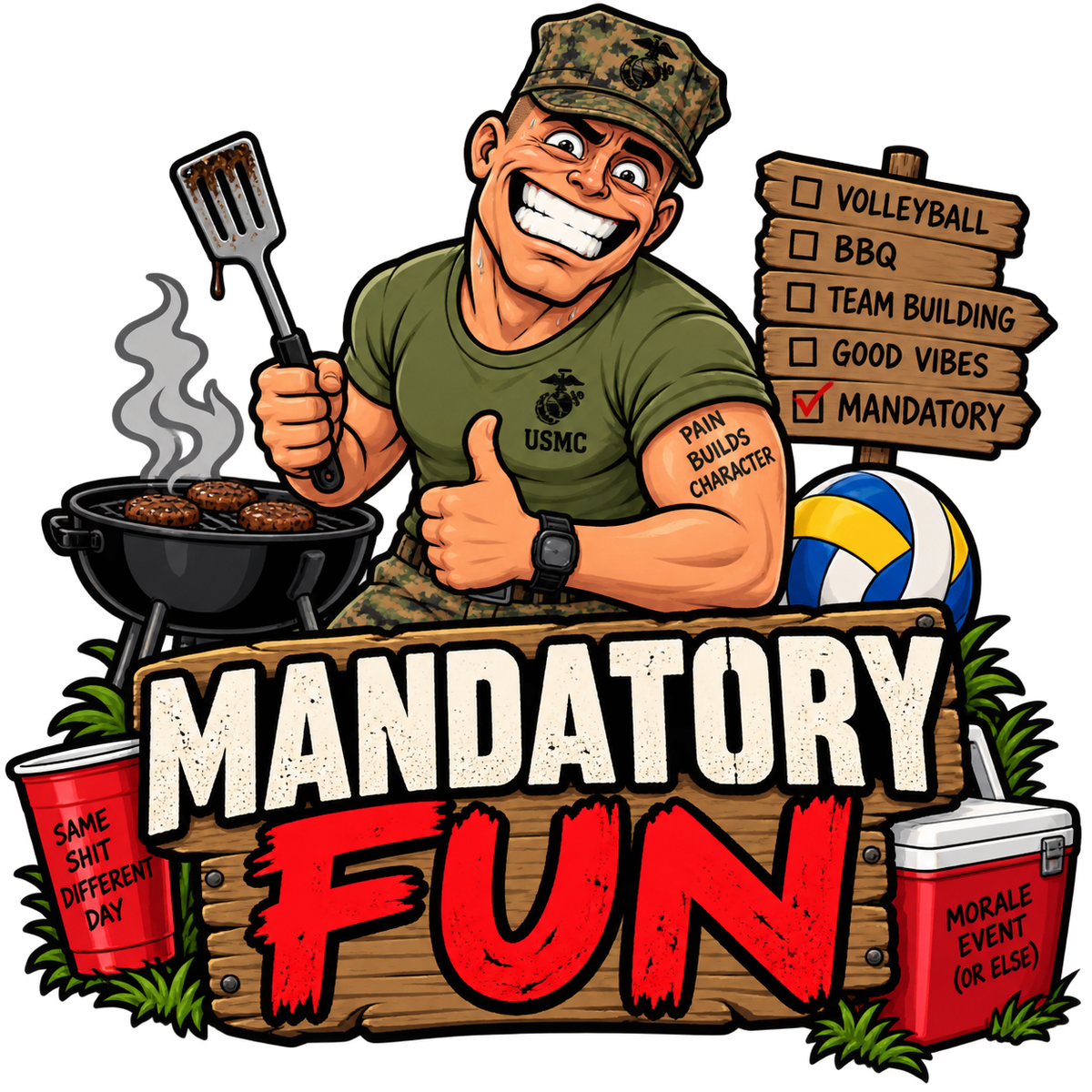 Mandatory Fun USMC military humor sticker with Marine at forced morale event barbecue