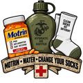 Motrin water change your socks USMC corpsman humor sticker with canteen and clean socks