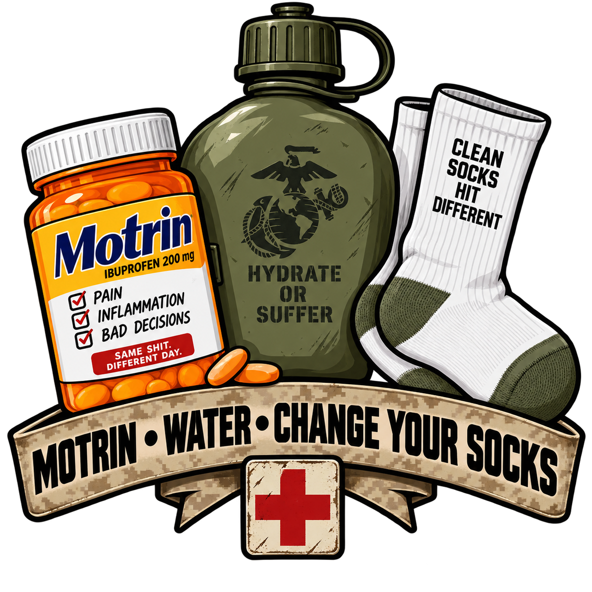 Motrin water change your socks USMC corpsman humor sticker with canteen and clean socks