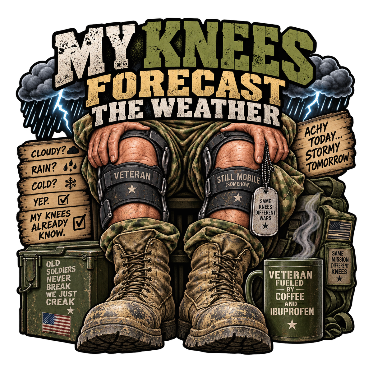 My Knees Forecast the Weather with camo-clad legs, knee braces, boots and storm clouds