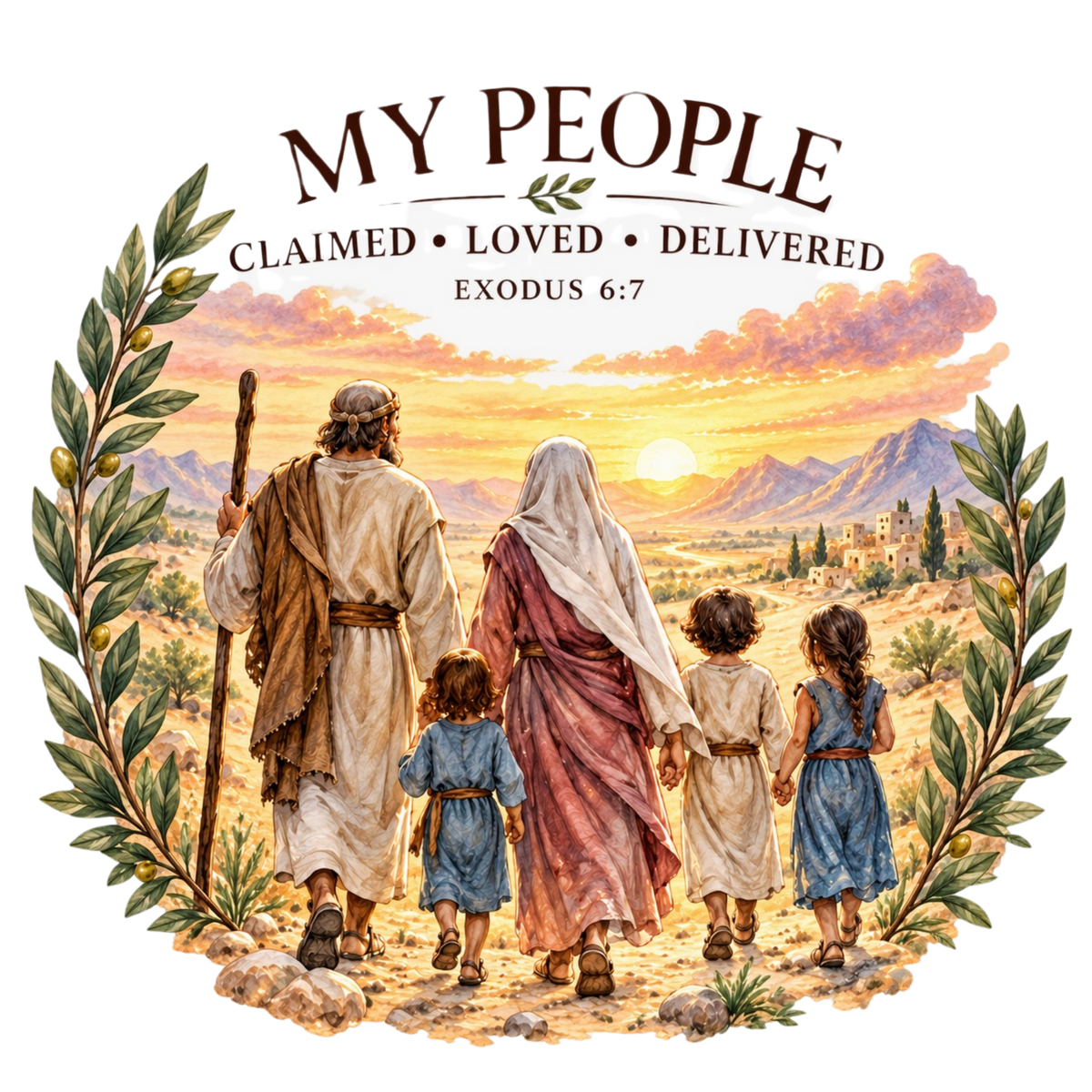 Family walking toward a desert sunset beneath My People, Claimed, Loved, Delivered and Exodus 6:7.