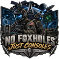 No Foxholes Just Consoles sticker with two futuristic operators at computer stations, orbital displays and distressed lettering