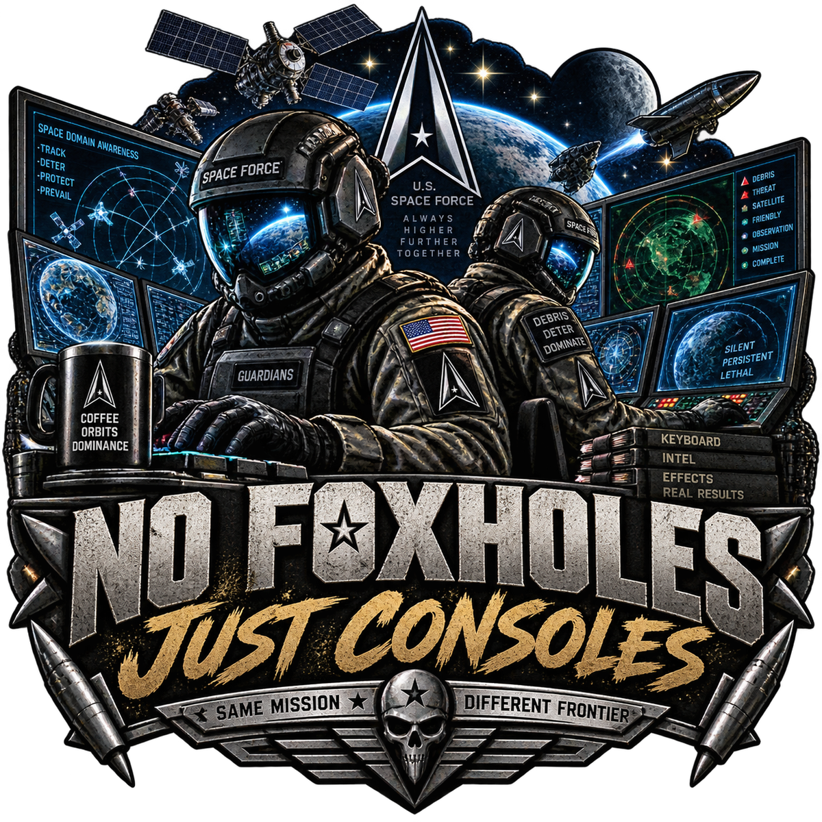 No Foxholes Just Consoles sticker with two futuristic operators at computer stations, orbital displays and distressed lettering