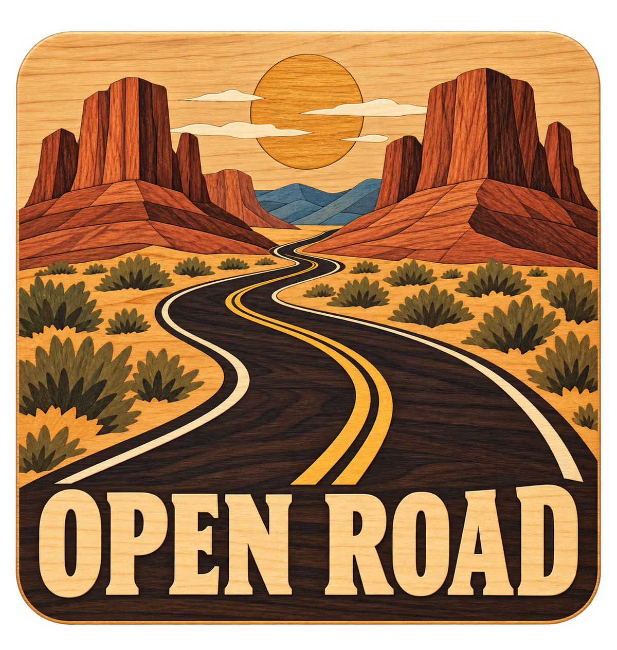 Open Road sticker with wood-grain-style desert mesas, a winding highway, and a golden sun