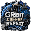 Orbit Coffee Repeat sticker artwork with a steaming mug, Earth, satellites and blue orbital trails
