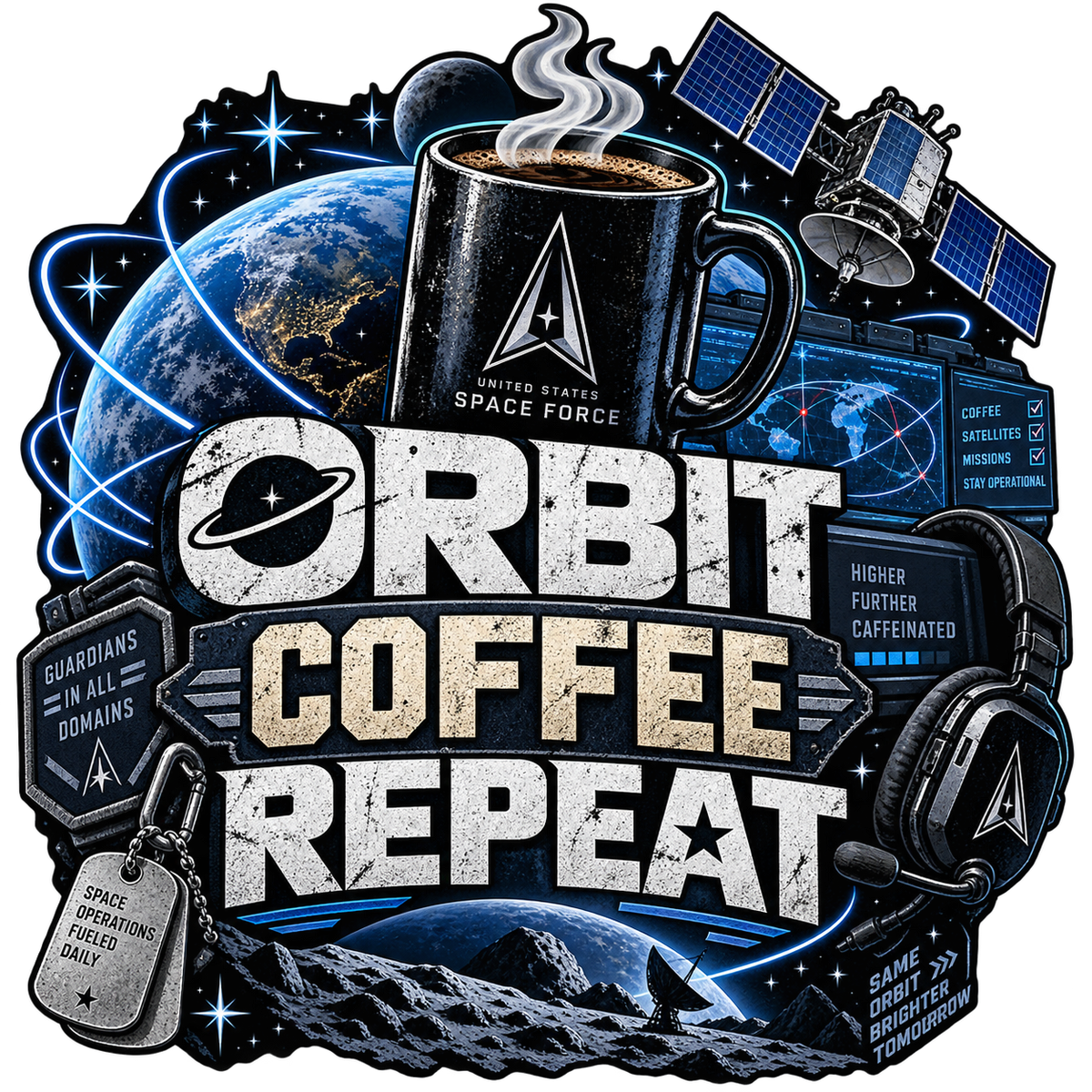 Orbit Coffee Repeat sticker artwork with a steaming mug, Earth, satellites and blue orbital trails
