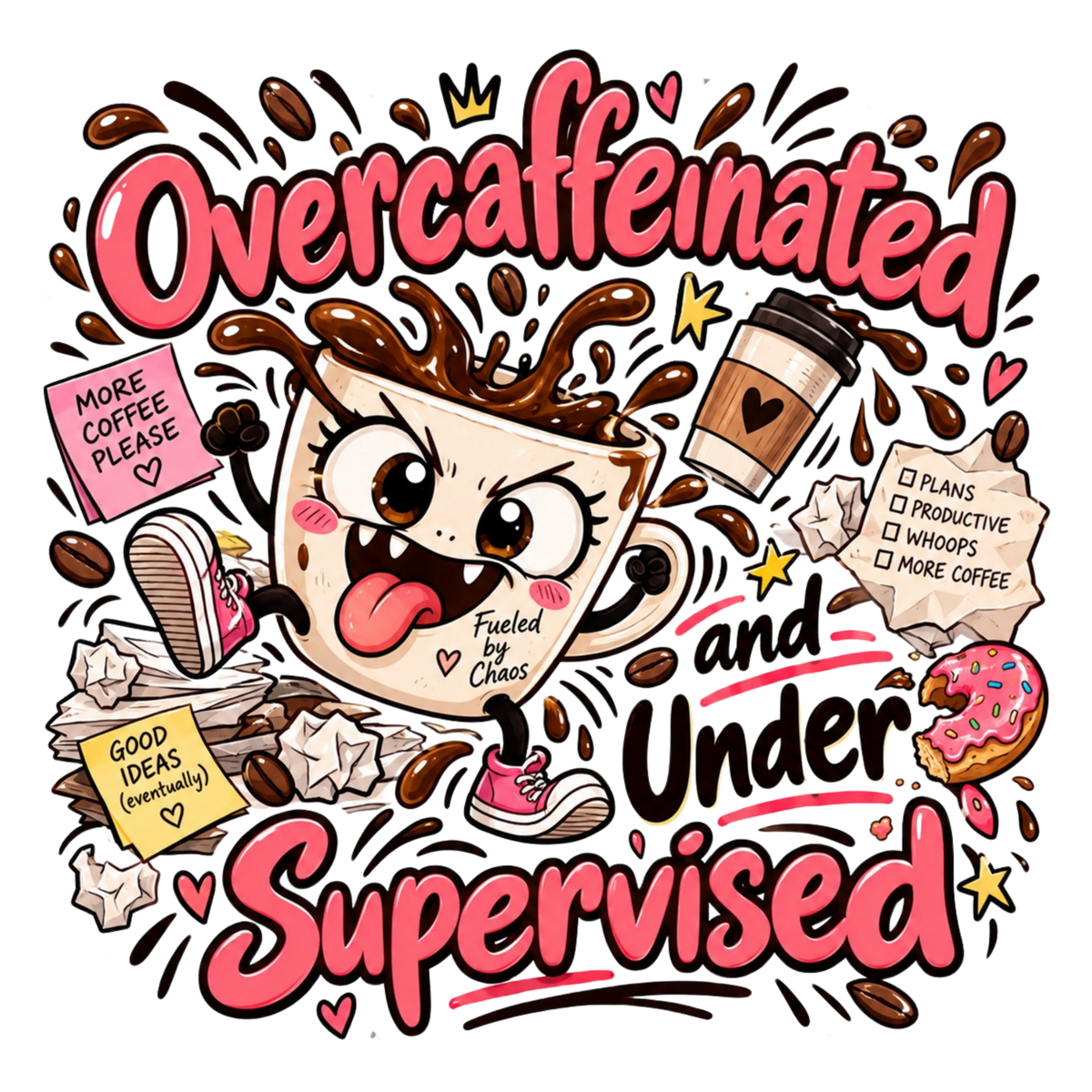 A wild-eyed cartoon coffee mug in pink sneakers leaps through coffee splashes and crumpled plans beneath Overcaffeinated and Under Supervised.