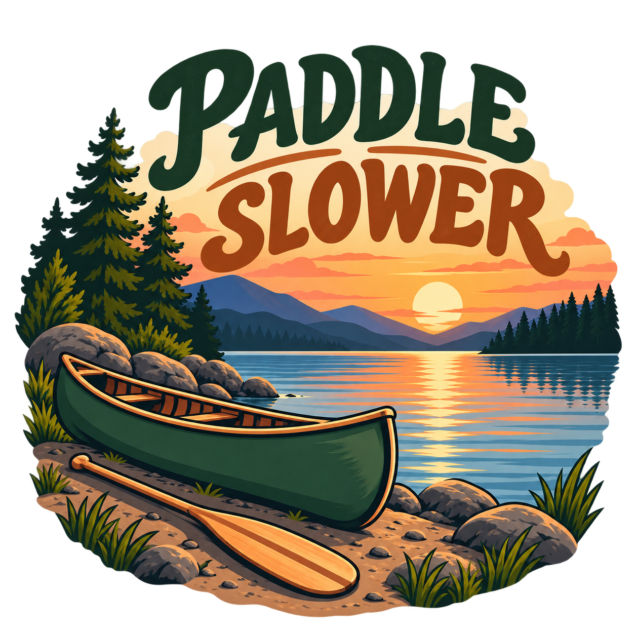 Paddle Slower canoe sticker with paddle, lake and sunset mountains