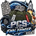 PCS to the Final Frontier sticker artwork with a packed military rucksack, space helmet, destination signs and launch vehicle