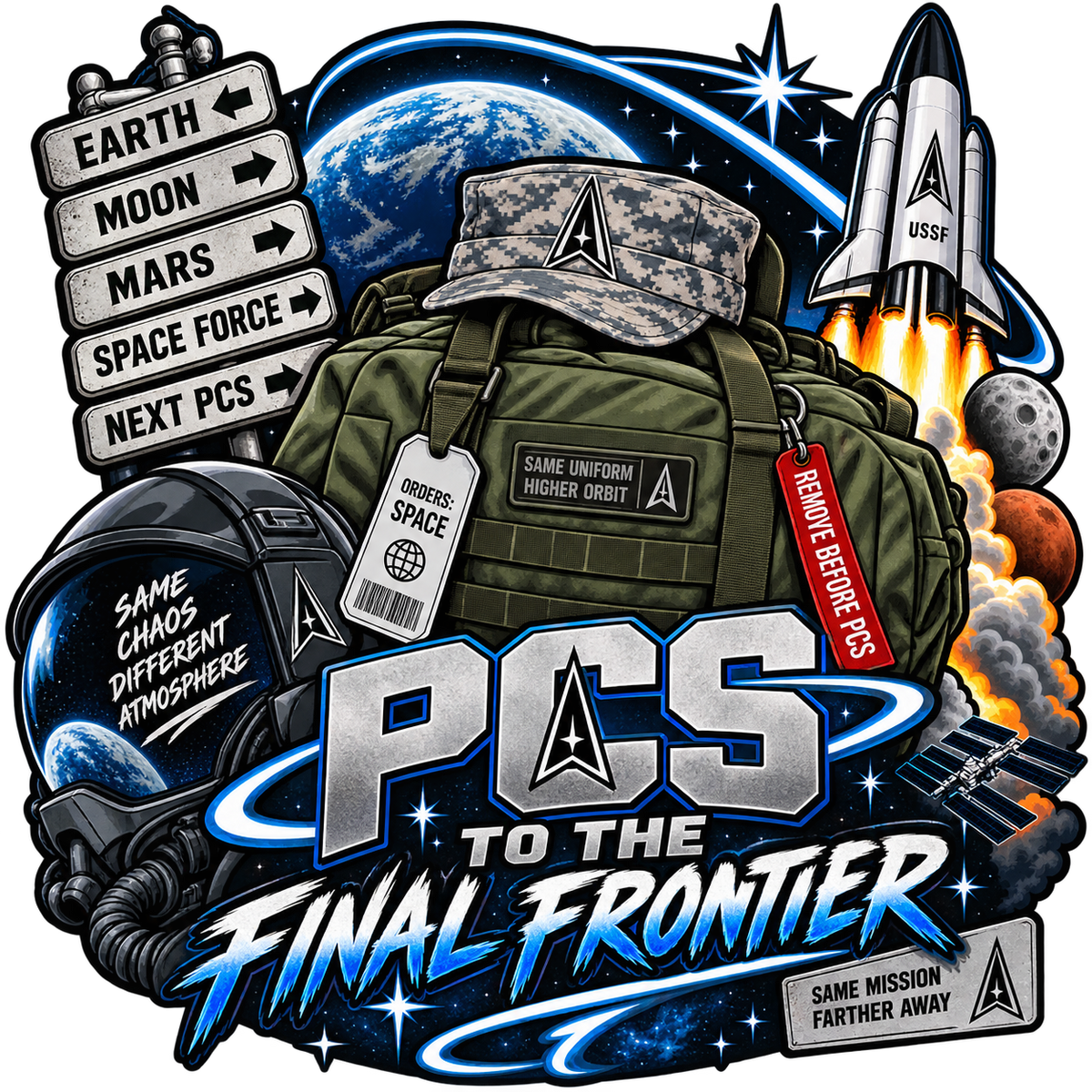 PCS to the Final Frontier sticker artwork with a packed military rucksack, space helmet, destination signs and launch vehicle