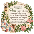 Cream John 14:27 scripture sign framed by flowers, a porch lantern and a patchwork quilt, beginning Peace I leave with you.