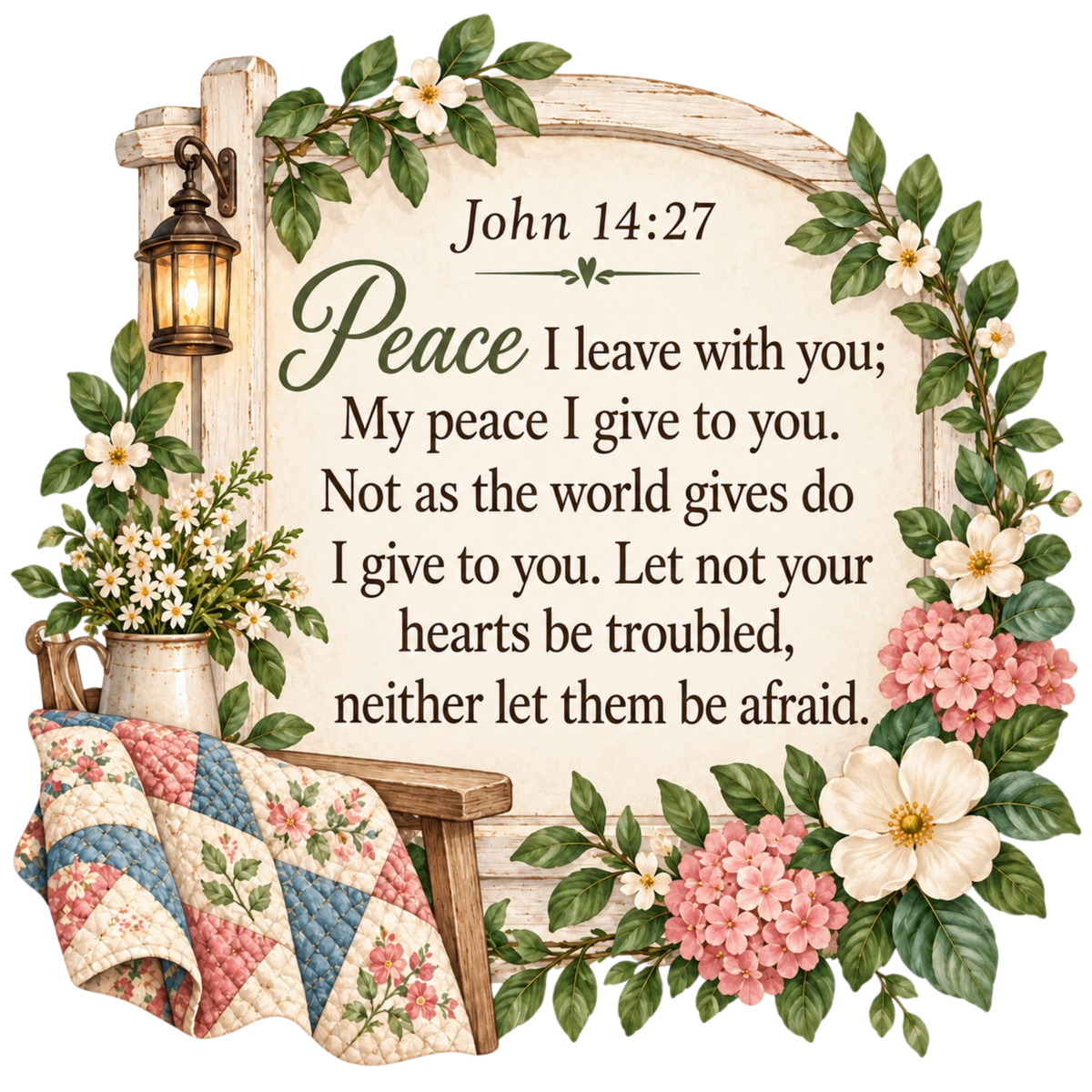 Cream John 14:27 scripture sign framed by flowers, a porch lantern and a patchwork quilt, beginning Peace I leave with you.