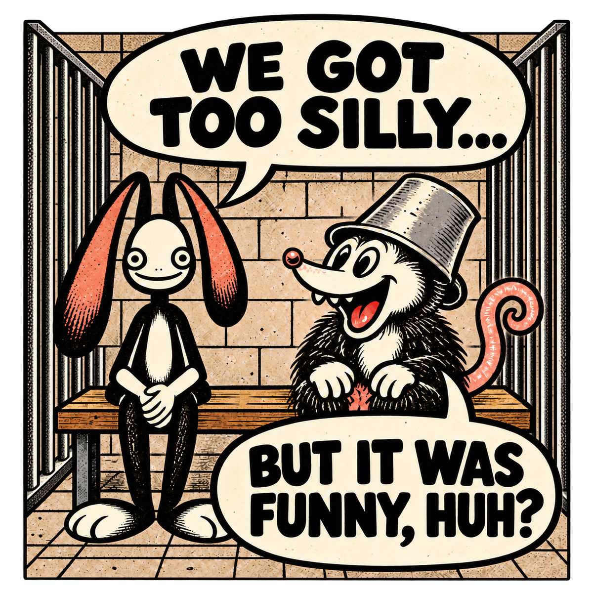 Peanut and Bramble, a long-eared rabbit and a possum wearing a bucket helmet, sit in a brick jail cell saying, We got too silly... but it was funny, huh?