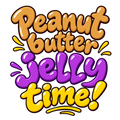 Peanut butter jelly time! in rounded peanut-gold, purple and bright yellow lettering.