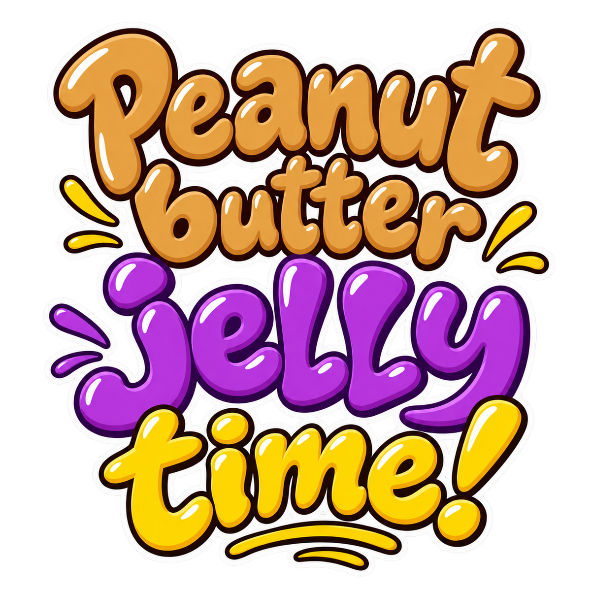 Peanut butter jelly time! in rounded peanut-gold, purple and bright yellow lettering.
