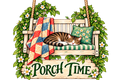 Porch Time sticker showing a sleeping tabby cat on a porch swing with a quilt and flowers