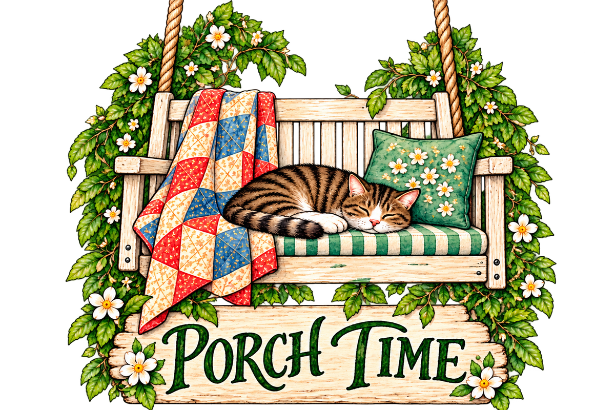 Porch Time sticker showing a sleeping tabby cat on a porch swing with a quilt and flowers