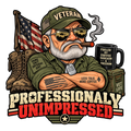 Professionally Unimpressed with a grumpy bearded veteran in sunglasses, a cigar and coffee