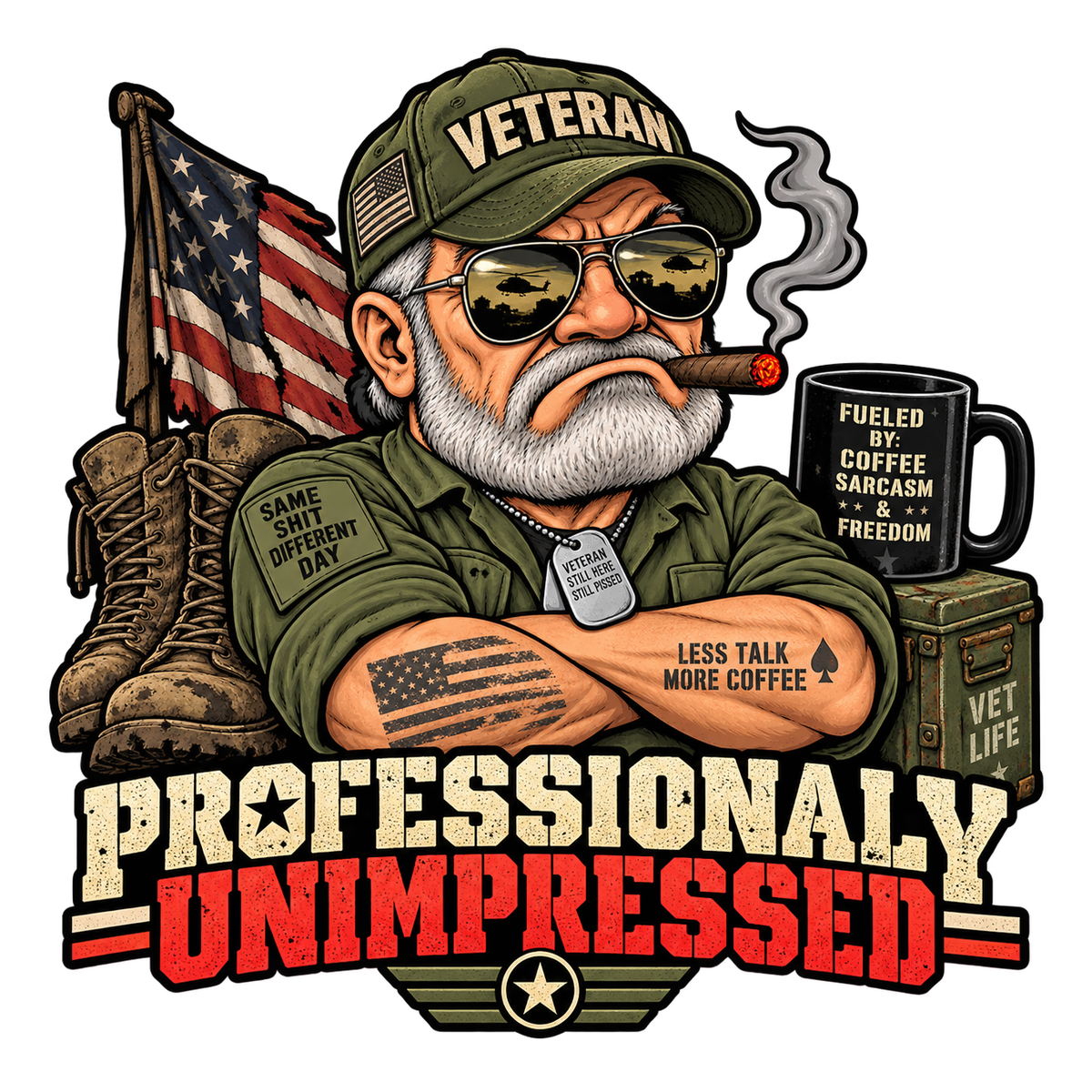 Professionally Unimpressed with a grumpy bearded veteran in sunglasses, a cigar and coffee