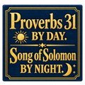 Navy bookcloth-style sticker with gold-colored lettering reading Proverbs 31 by day. Song of Solomon by night, with sun and moon illustrations.