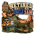 Retired from Uncle Sam veteran relaxing in a hammock with a dog, cooler and fishing gear