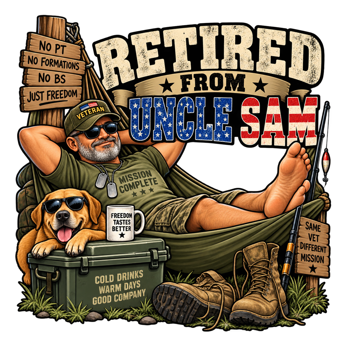 Retired from Uncle Sam veteran relaxing in a hammock with a dog, cooler and fishing gear