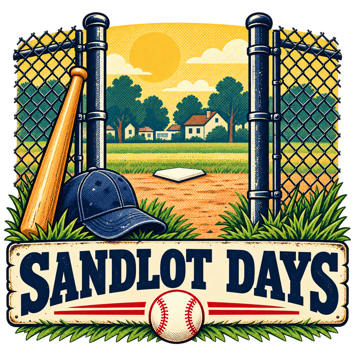 Sandlot Days sticker with an open ballfield gate, baseball bat, cap, and ball