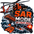 SAR Mode No Calm Days sticker with a rescue helicopter, suspended rescue basket, swimmer fins and storm waves