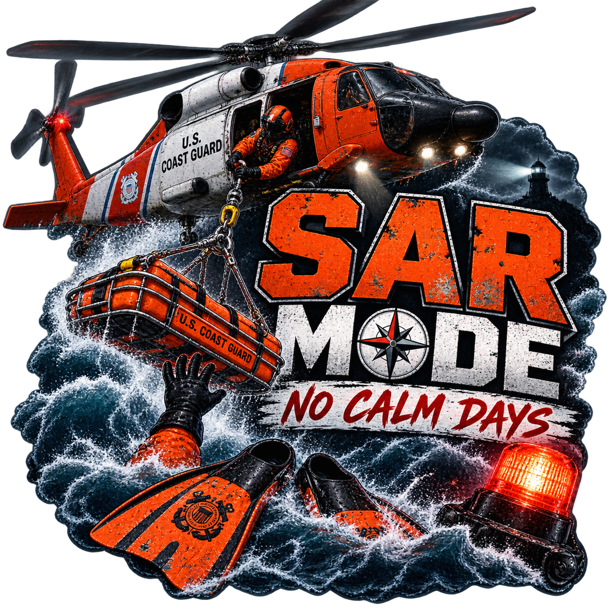 SAR Mode No Calm Days sticker with a rescue helicopter, suspended rescue basket, swimmer fins and storm waves