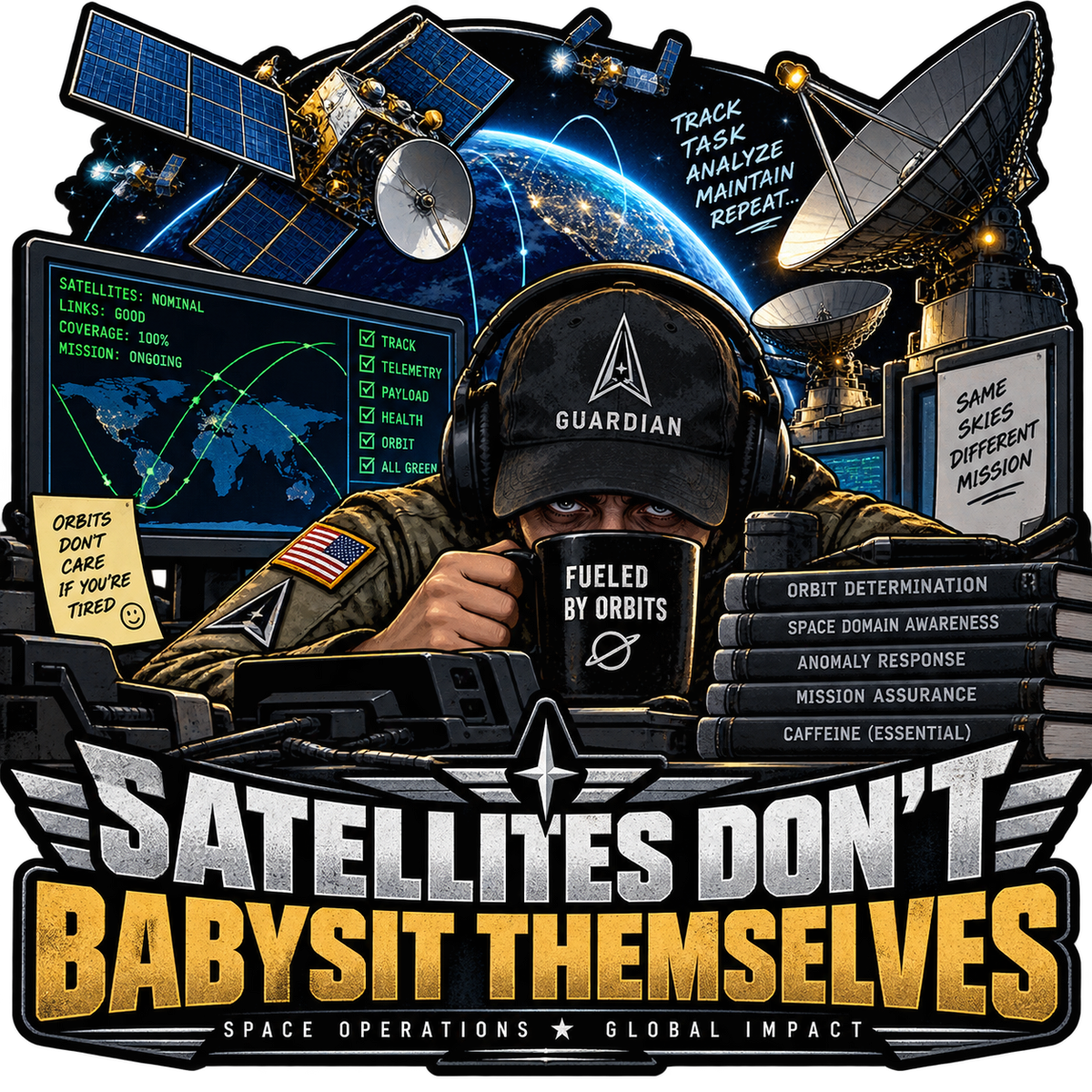 Satellites Don't Babysit Themselves sticker with a tired operator holding coffee, tracking monitors, satellites and a ground antenna