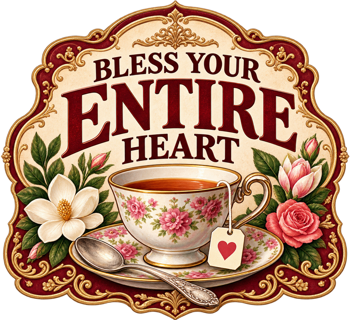 Bless Your Entire Heart in an ornate red and gold floral frame above a teacup.