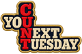 C You Next Tuesday in cream and red stitched lettering with vertically aligned red initials.
