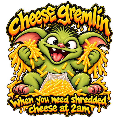 Green Cheese Gremlin eating shredded cheese with When you need shredded cheese at 2am lettering.